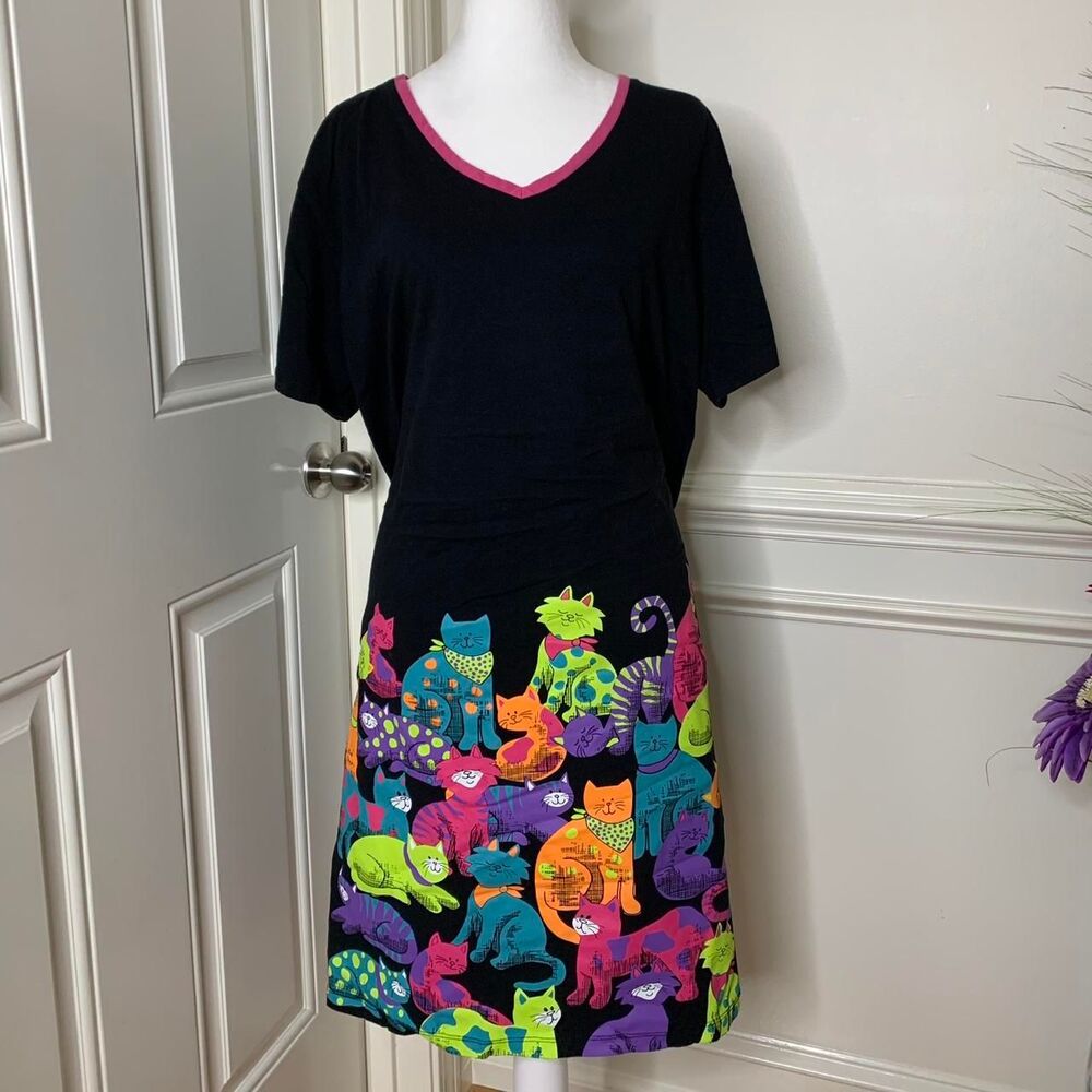 Plus size multi-colored cat print sleep shirt dress